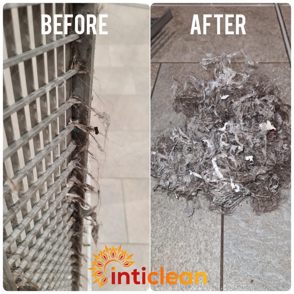 Inticlean commercial cleaning before and after debris removal from metal grate in Brisbane facility