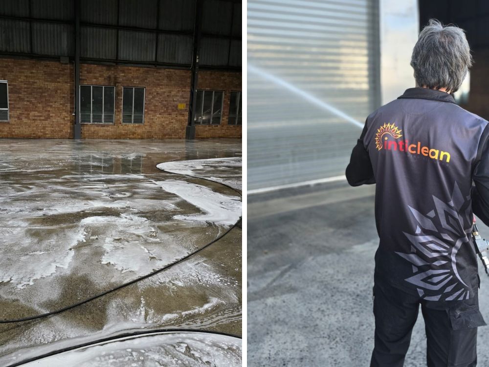 Inticlean industrial cleaning with soapy warehouse floor and worker pressure washing